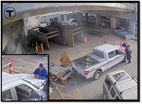 Vatel (circled in red below) chatting with other MBTA employees in the parking lot outside of Cabot Garage