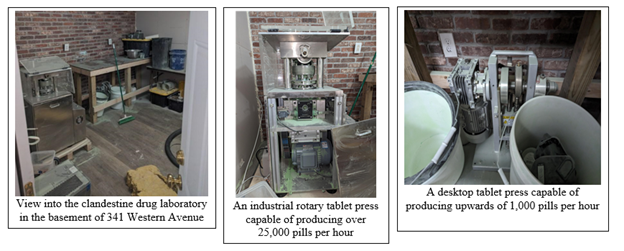 View of the drug laboratory, an industrial rotary tablet press an da desktop tablet press