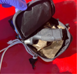 A black Taurus 9mm semiautomatic pistol in a bag.