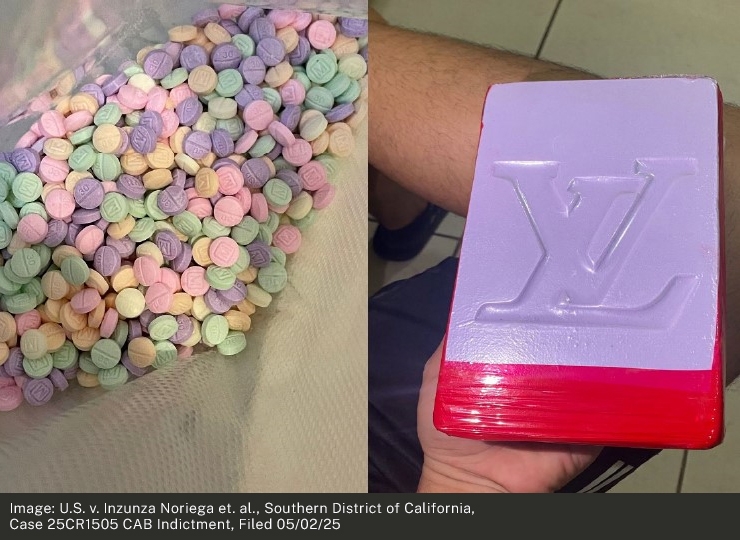 Rainbow colored fentanyl pills and fentanyl bricks with “Louis Vuitton” and “Rolls Royce” stamps