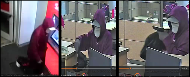 Images from Surveillance video showing defendant allegedly robbing bank at gunpoint wearing hoodie, baseball hat and face covering