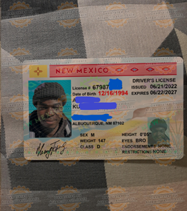 Counterfeit New Mexico Driver’s License with watermark