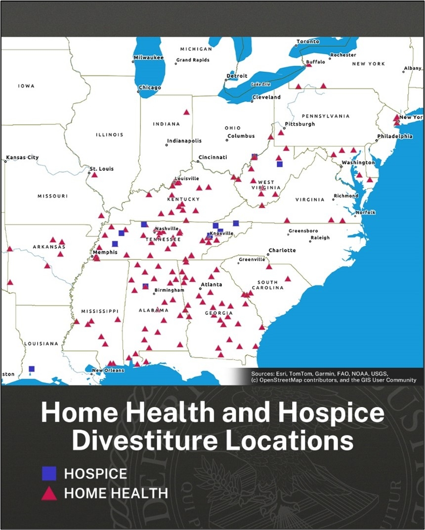 Graphic displaying home health and hospice divestiture locations. Home health and Hospital divestitures listed respectively: Tennessee: 35, 7; Alabama: 24, 1; West Virginia: 11, 2; Georgia: 28, 0; Ohio: 1,0; Louisiana: 0, 1; Missouri: 1,0; Mississippi: 8, 0; Viginia:3, 0; Indiana: 2, 0; Florida: 1, 0; New Jersey: 3, 0; New York: 3, 0; Pennsylvania: 1, 0; Kentucky: 15, 0; Illinois 1, 0; Arkansas: 6, 0; South Carolina: 4, 0; Mayland: 5, 0;  Sources: Esri, TomTom, Garmin, FAO, NOAA, USGS