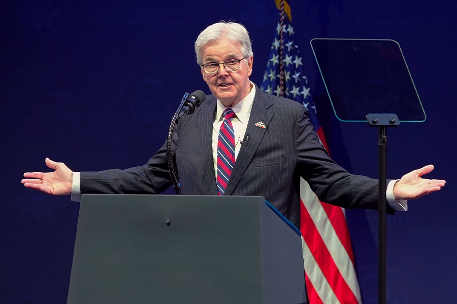 RLC Chair Dan Patrick, Lt. Governor of Texas delivers remarks from a podium at the Museum of the Bible in Washington, D.C. He is joined by members of the Religious Liberty Commission.