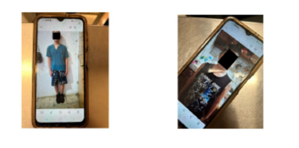 Two cellphones side by side, depicting photos of children with faces redacted.