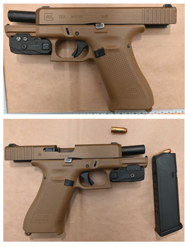 9mm Glock Model 19X semiautomatic pistol loaded with 15 rounds of ammunition and outfitted with a laser sight attachment