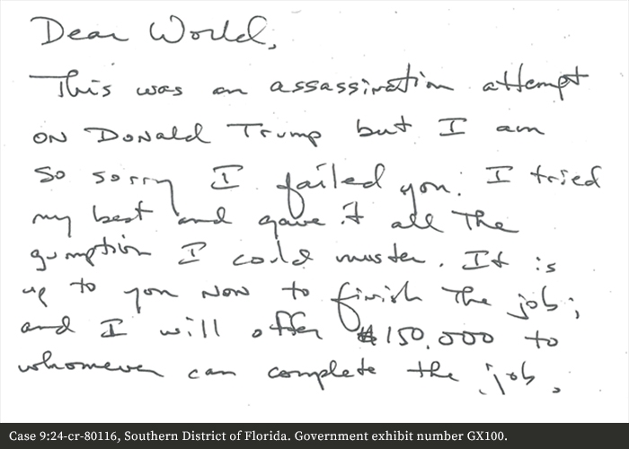 Handwritten note that reads: Dear World, this was an assassination attempt on Donald Trump...