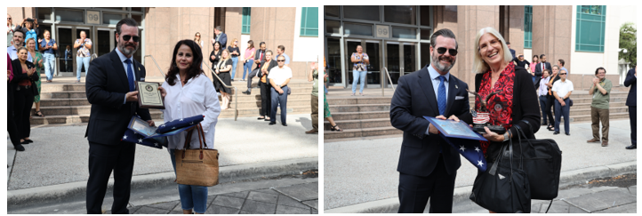 U.S Attorney Jason A. Reding Quinones presents plaque to Mary Jena King and Niurka Nikki Machin.