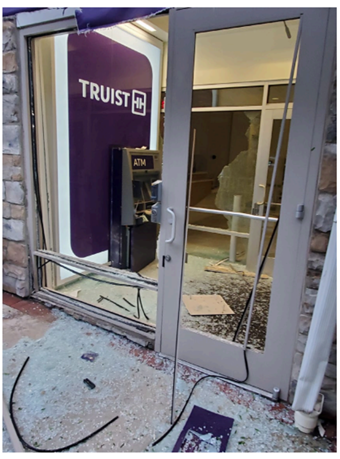 At the Truist Bank branch on the 2300 block of Washington Place NE, the blast destroyed the vestibule, the structure around multiple teller machines, and caused a total $35,933 in damages.