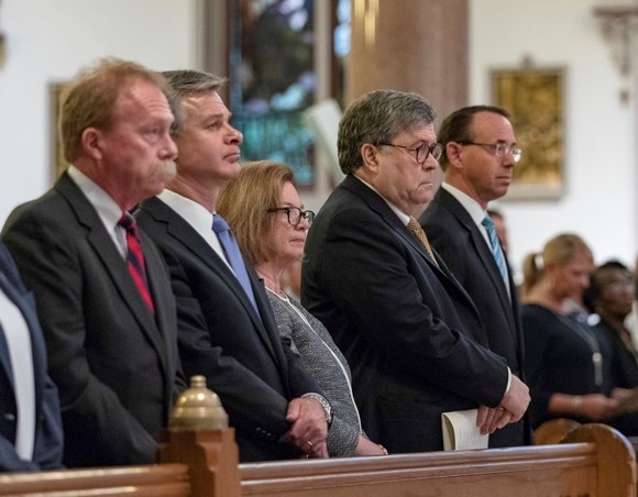 Attorney General William P. Barr, Deputy Attorney General Rod Rosenstein, and FBI Director Christopher Wray attended the Blue Mass on Tuesday, May 7, 2019 to remember first responders who have fallen in the line of duty.