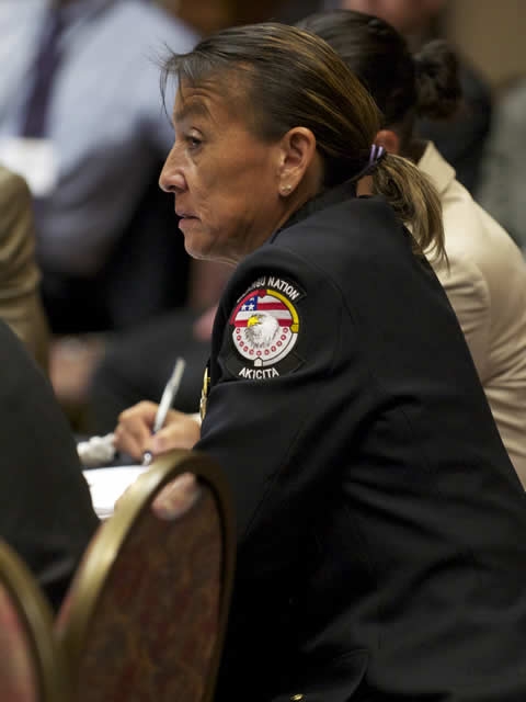 Grace Her Many Horses, the Chief of Police of the Rosebud Sioux Tribe attends the listening session in Rapid City, SD.