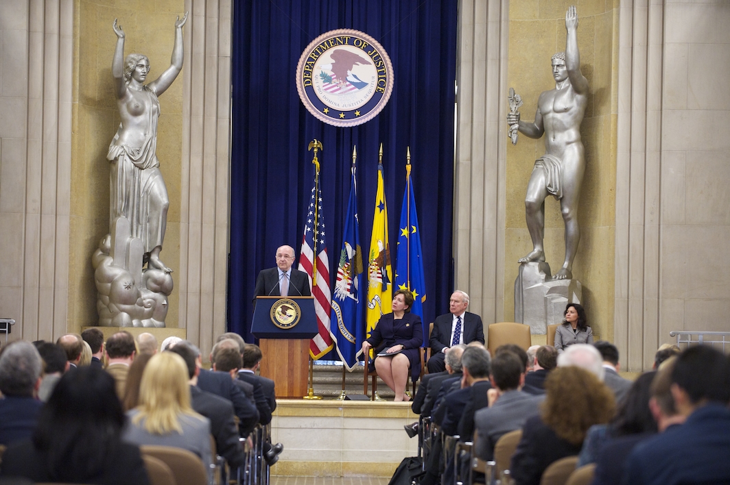 Vice President Joaquín Almunia of the European Commission speaks as Acting Assistant Attorney General Sharis A. Pozen, former Assistant Attorney General John H. Shenefield and Federal Trade Commission Commissioner Edith Ramirez look on.