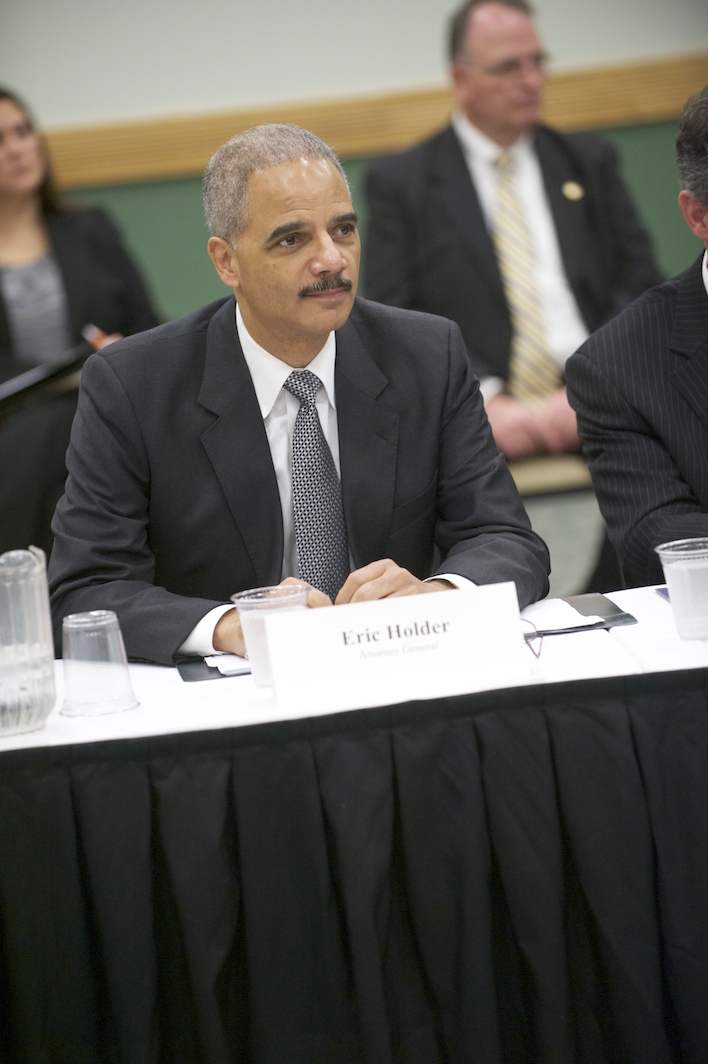 Attorney General Eric Holder takes in a discussion about IP theft at Towson University. Attorney General Eric Holder takes in a discussion about IP theft at Towson University.