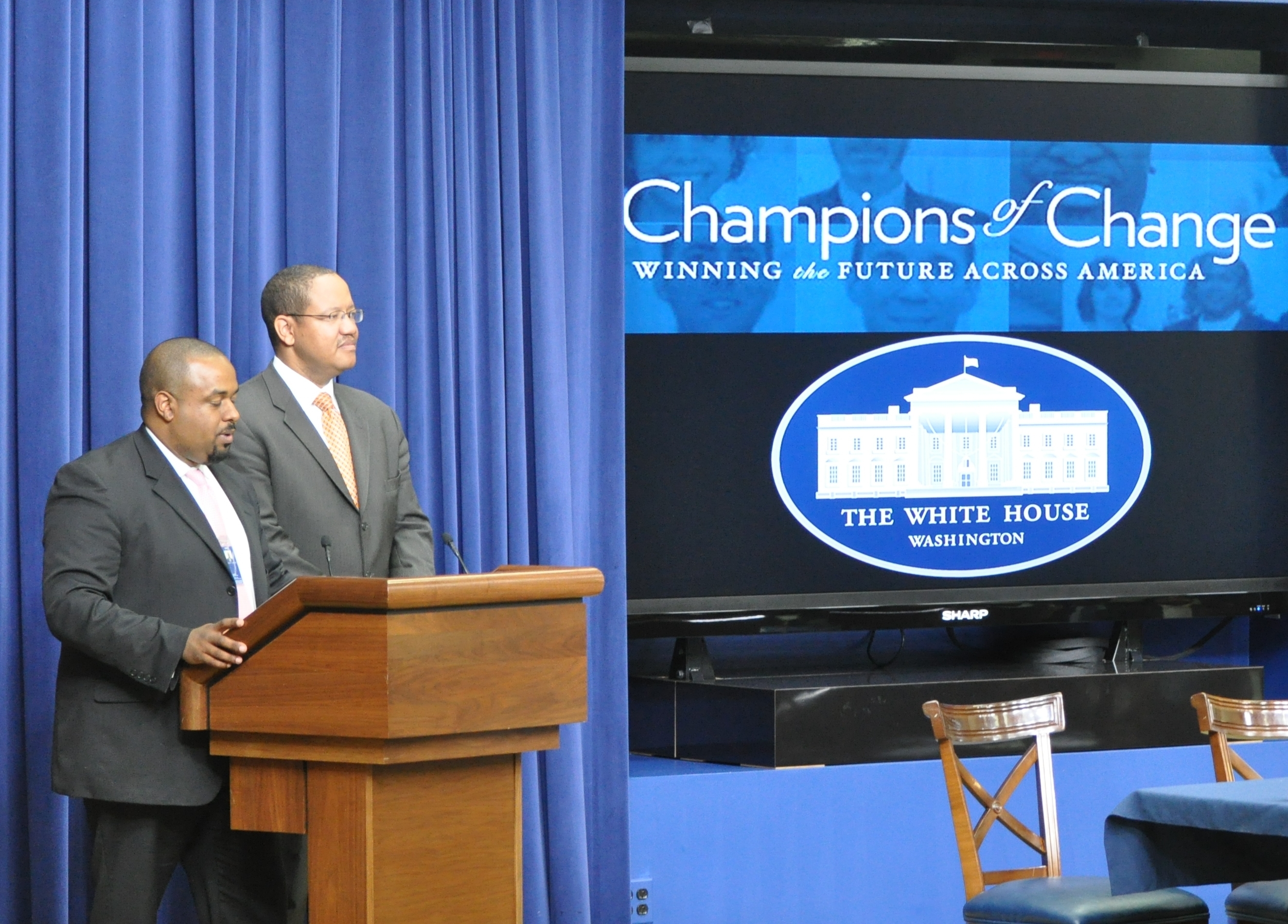 Michael Strautmanis and Joshua DuBois introduced The Fatherhood Champions of Change event on June 13, 2012.