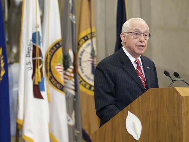 Former Attorney General Mukasey delivers his remarks.