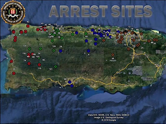 Photo from the FBI website showing arrest sites across Puerto Rico