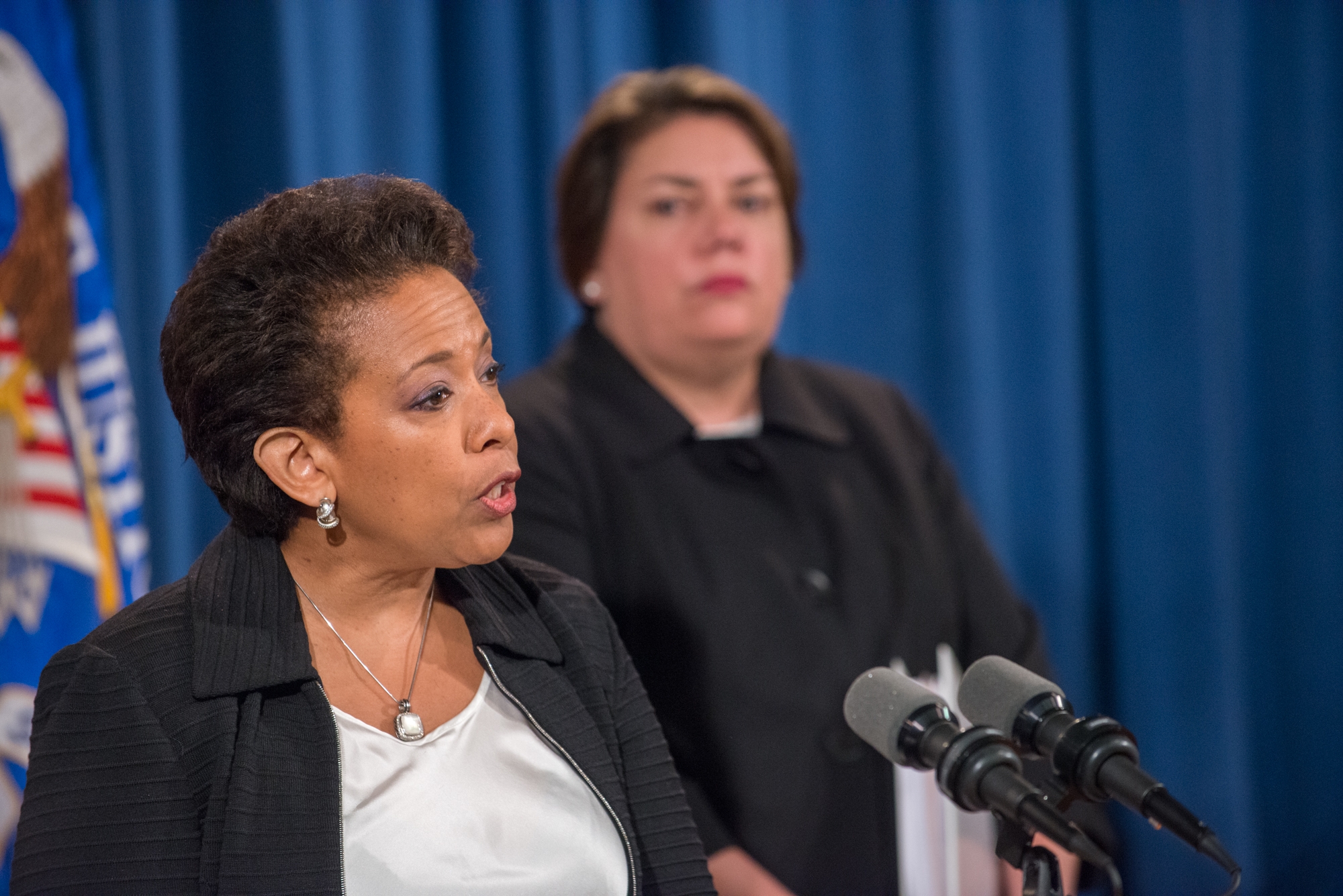 Attorney General Loretta E. Lynch speaks at the press conference on Foreign Exchange Spot Market Manipulation