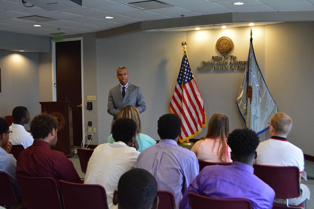 AUSA Yohance Pettis speaks to the students about his work in the Civil Divison.