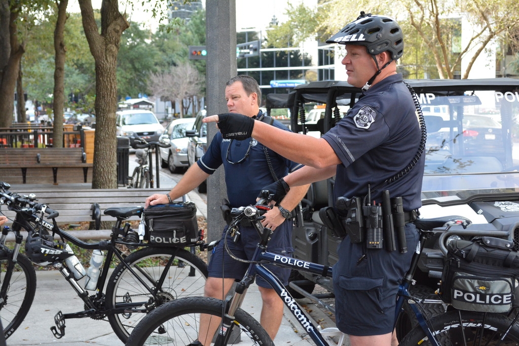 Officers from the TPD Bicycle Patrol Unit take time to answer questions from the students.