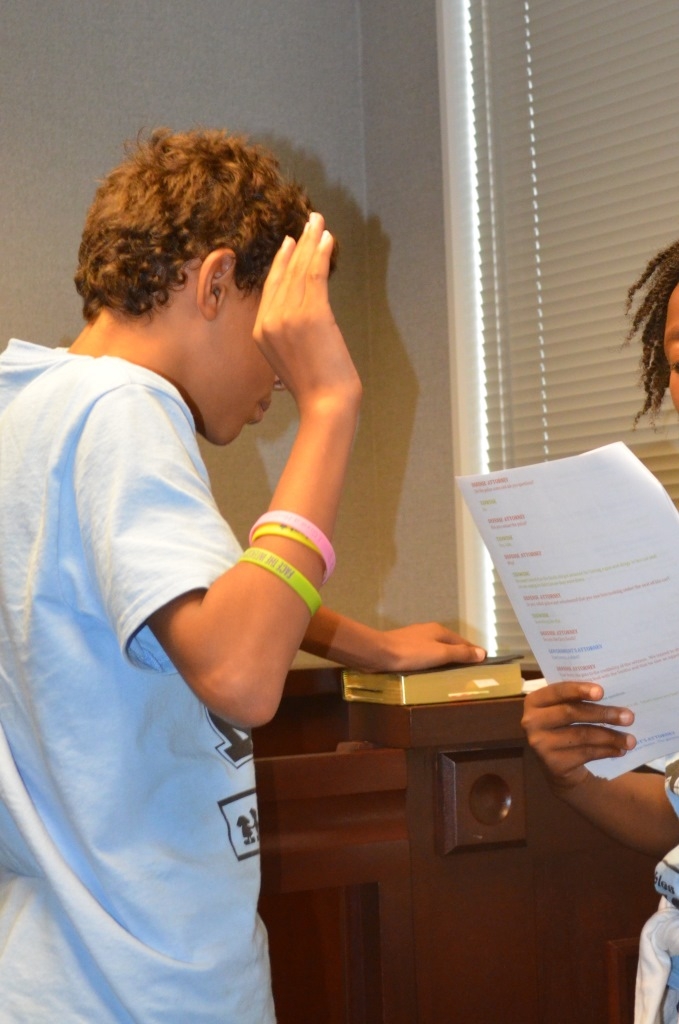 Getting sworn in before testifying.