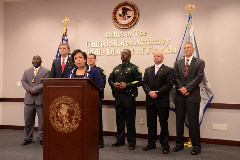 Attorney General Loretta E. Lynch holds a media availability with U.S. Attorney A. Lee Bentley III of the Middle District of F