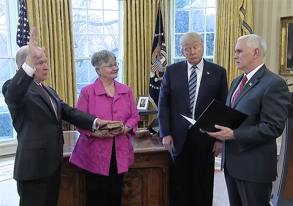 Vice President Michael R. Pence administers the oath of office to Jeff Sessions to be the 84th Attorney General of the United St
