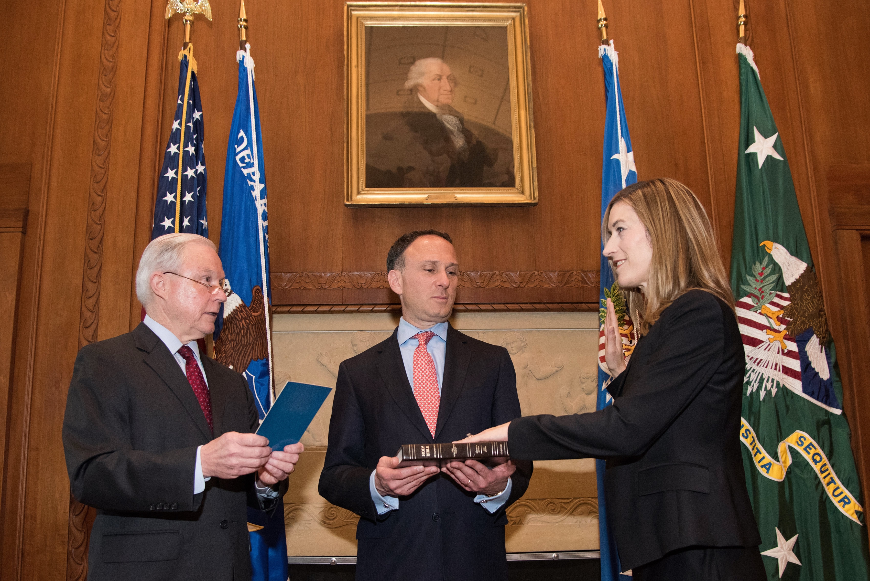 Attorney General Jeff Sessions administers the oath of office to Rachel L. Brand to be the Associate Attorney General of the Uni