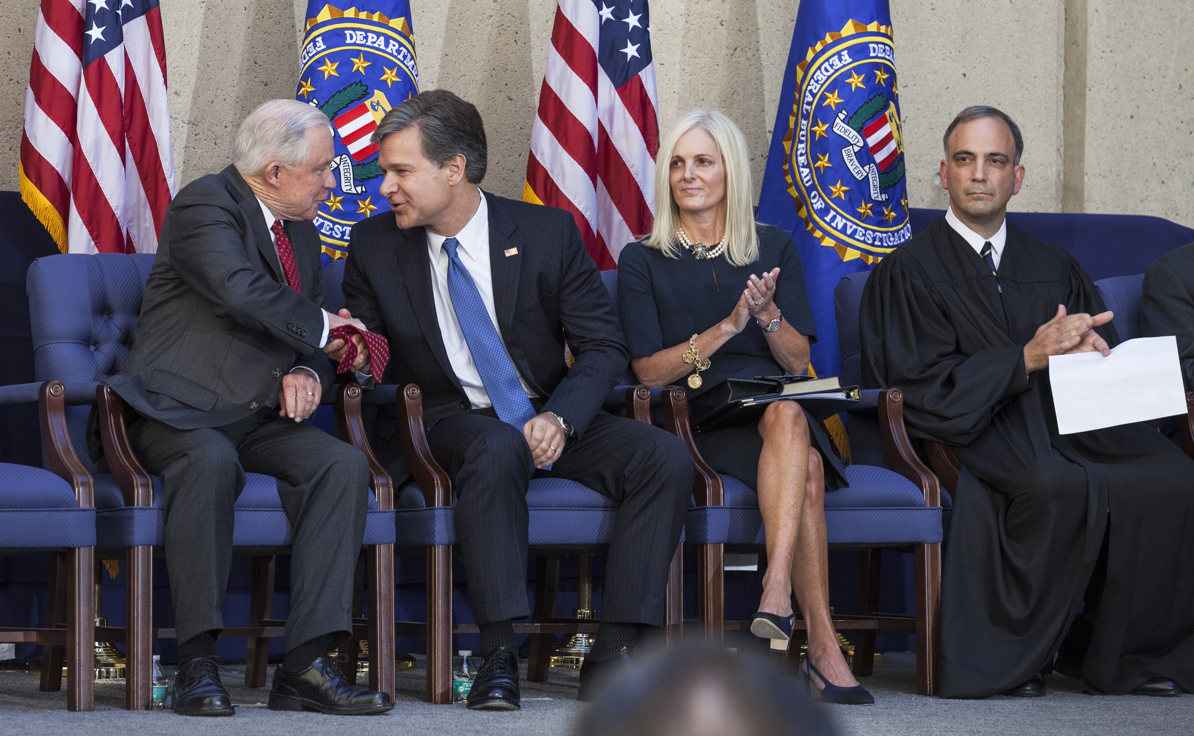 From left: Attorney General Jeff Sessions; FBI Director Christopher Wray and his wife, Helen Wray; and U.S. District Court Judge Joseph Bianco