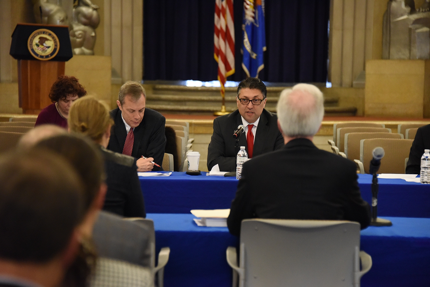 Makan Delrahim (center) and Bob Potter (left) speaking at the Public Roundtable Discussion Series on Deregulation &amp; Antitrust Law in the Great Hall of the Main Justice Building