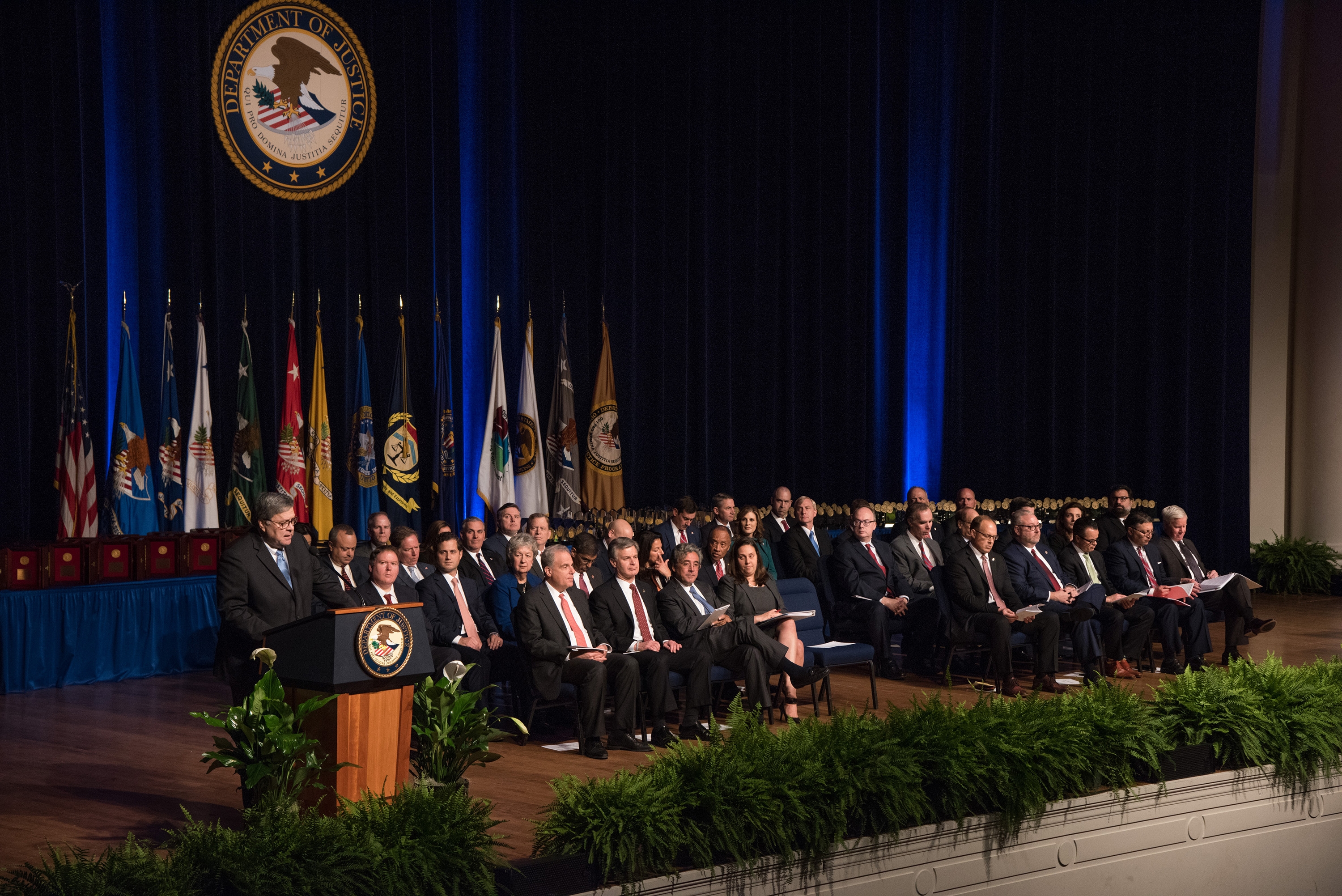 Attorney General William P. Barr speaks to award recipients and the audience at the 2019 Attorney General’s Awards on October 23, 2019