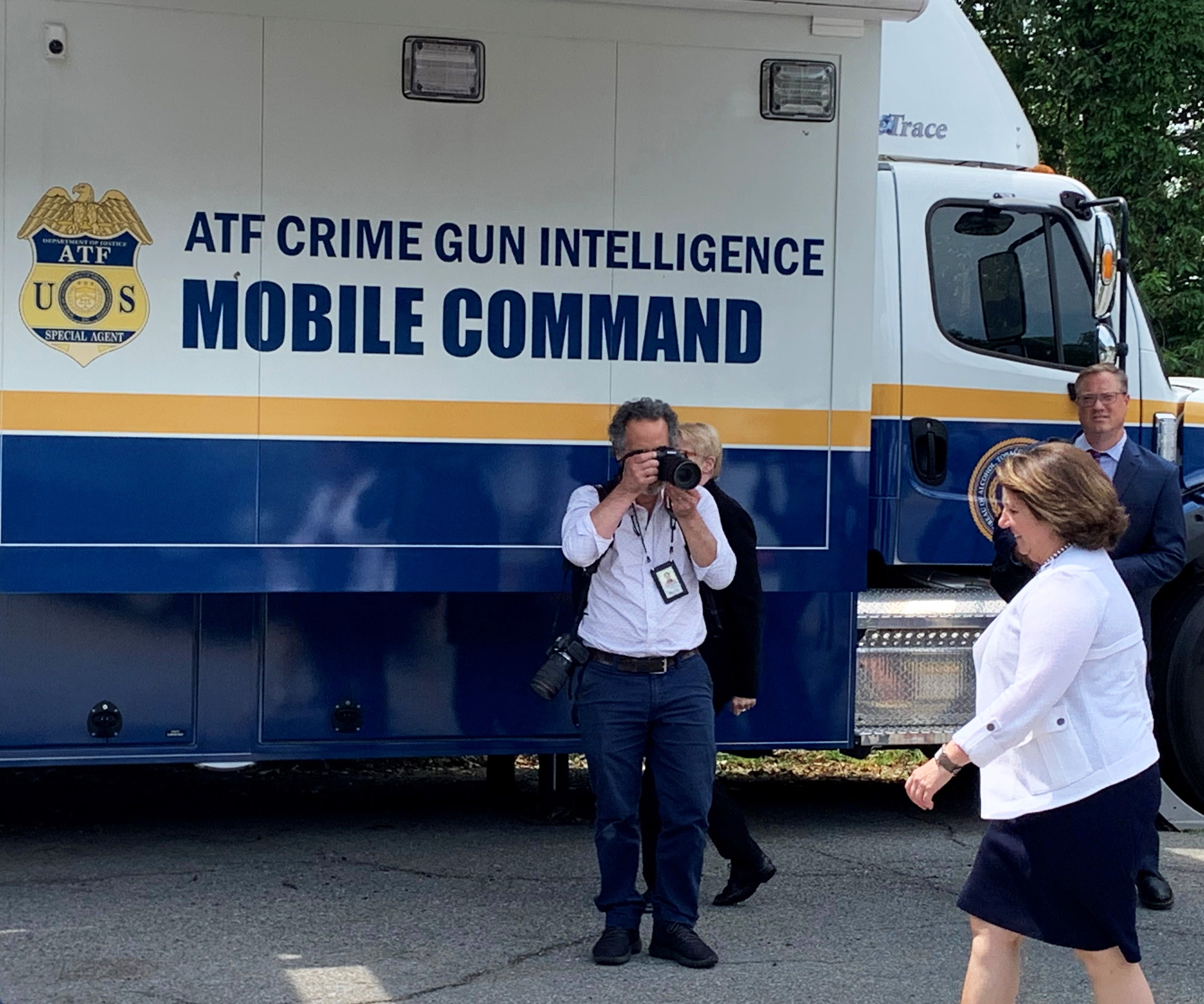 Deputy Attorney General Monaco arrives at the ATF Crime Gun Intelligence Mobile Command Center, which provides investigators with crime gun intelligence information in a mobile office environment, and can process evidence from crimes in as little of two hours. This facility on wheels is equipped with four rooms and six workstations with the ability to accommodate up to 16 people working comfortably.