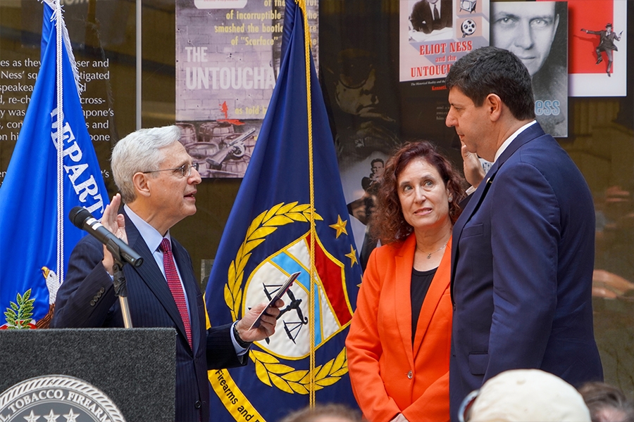 Attorney General Merrick B. Garland swears in Steve Dettelbach as the Director of the Bureau of Alcohol, Tobacco, Firearms and Explosives (ATF) at ATF headquarters. Both officials raise their right hands for the Oath of Office.
