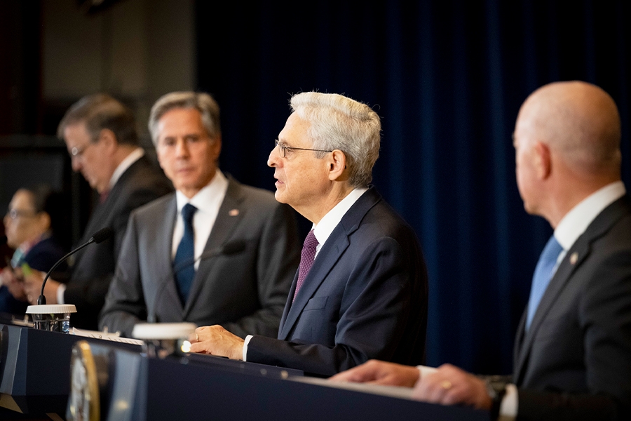Attorney General Merrick B. Garland speaks at the podium