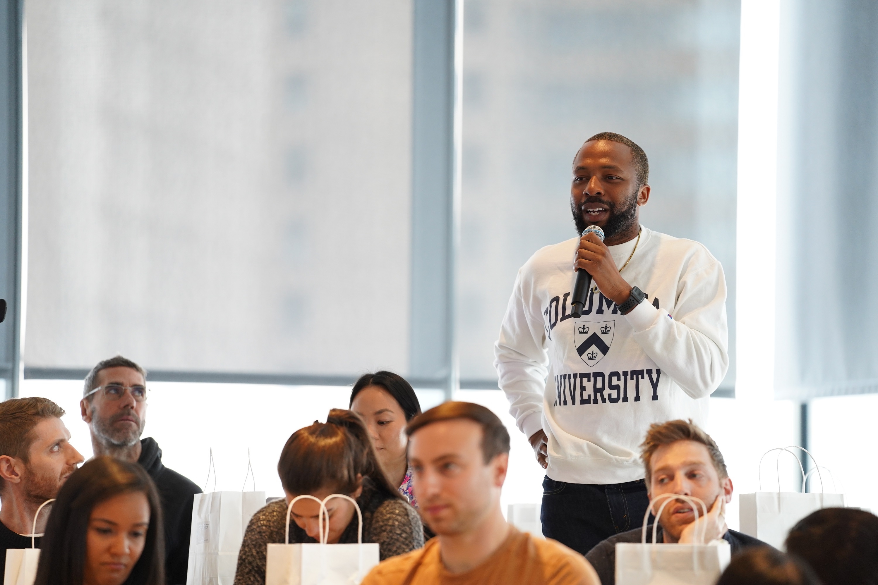 U.S. Attorney Damian Williams speaking with Columbia Business and Law Students