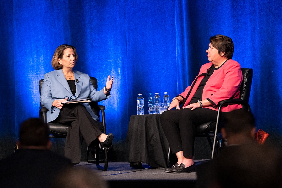 Deputy Attorney General Lisa O Monaco leads a discussion at the American Bar Association National Institute on White Collar Crime in Miami, Florida.