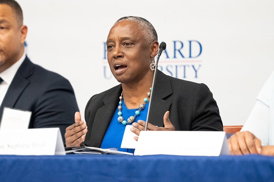 First Assistant U.S. Attorney for the Northern District of California Stephanie Hinds delivers remarks at a panel discussion at Howard University School of Law.