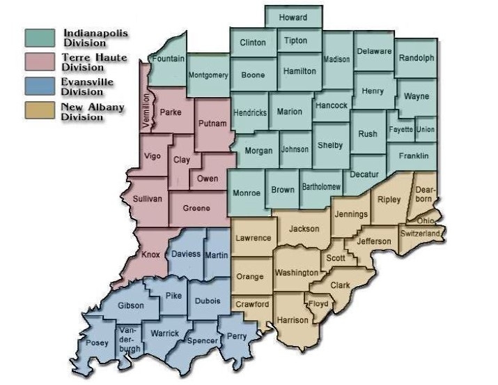 Color coordinated map of the Southern District of Indiana. Indianapolis in green, Terre Haute in red, New Albany in Yellow and Evansville in blue. 