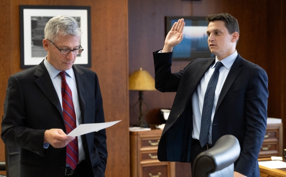 The United States District Court for the Eastern District of Pennsylvania has appointed David Metcalf as the United States Attorney for the Eastern District of Pennsylvania (EDPA). After receiving his oath of office on June 30, 2025, from Chief Judge Mitchell S. Goldberg (left), and pursuant to the Vacancy Reform Act, Mr. Metcalf remains the United States Attorney indefinitely while he awaits confirmation from the United States Senate.
