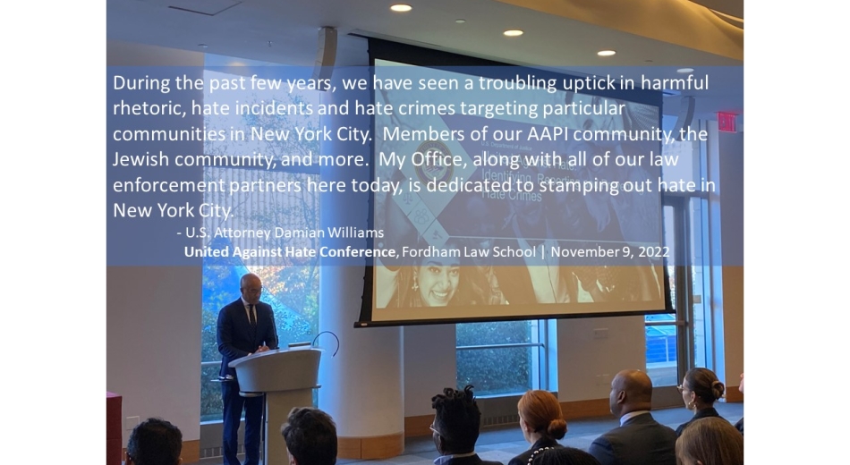 U.S. Attorney Damian Williams speaking at the United Against Hate Conference at Fordham Law School