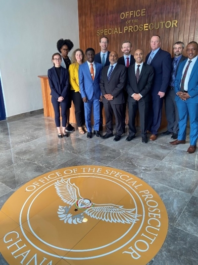 Deputy Assistant Attorney General Rao (center), Director of the Strategy, Research, and Communications Division of the Office of the Special Prosecutor Sammy Darko (center, left), Assistant Legal Attaché Justin Nwadiashi (center, right) and other officials from the Justice Department, FBI and the Office of the Special Prosecutor meet at the headquarters of the Office of the Special Prosecutor in Accra, Ghana.