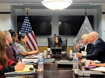 Associate Attorney General Gupta, U.S. Attorney Tucker, and OTJ Director Toulou (far right) meet with leaders and advocates from the Association of Village Council Presidents and the Alaska Native Justice Center.