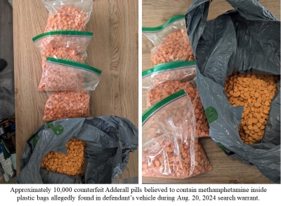 Approximately 10,000 counterfeit Adderall pills believed to contain methamphetamine inside plastic bags allegedly found in defendant's vehicle during Aug. 20, 2024 search warrant.