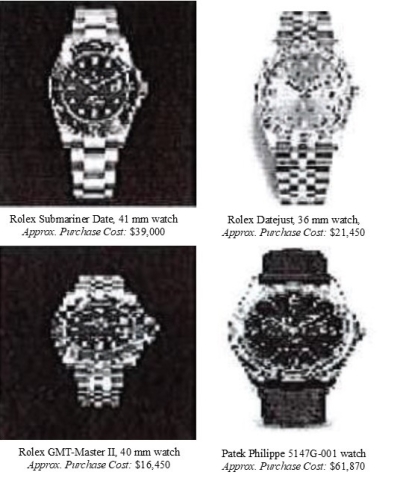 Four catalogue images of watches. Respective captions under each image read: Rolex Submariner Date, 41 mm watch, Approx. Purchase Cost: $39,000; Rolex Datejust, 36 mm watch, Approx. Purchase Cost: $21,450; Rolex GMT-Master II, 40 mm watch, Approx. Purchase Cost: $16,450; and Patek Philippe 5147G-001 watch, Approx. Purchase Cost: $61,870.