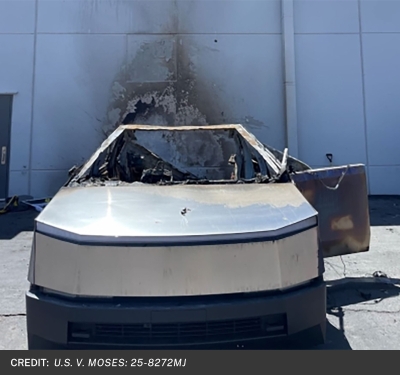 Photograph of burned Tesla Cybertruck.