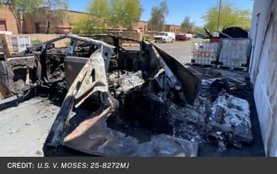 Photograph of burned Tesla Cybertruck.