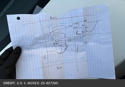 Photograph of suspect's hand drawn map.