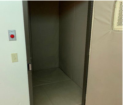 Interior of a seclusion room Interior of a seclusion room and exterior locking mechanism (red button).