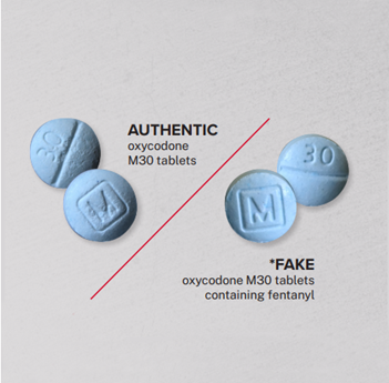 AUTHENTIC oxycodone M30 tablets / *FAKE oxycodone M30 tablets containing fentanyl
