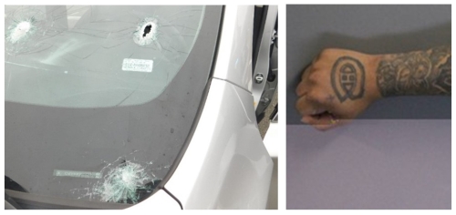 Image of car windshield with bullet hole. Image of arm tattoo of the letter "C". 