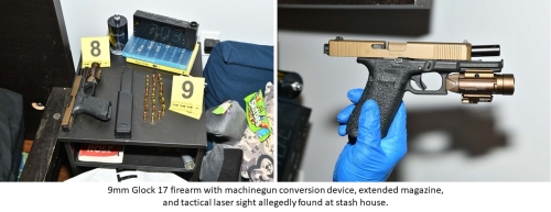 Glock firearm with machinegun conversion device attachment and a shoebox containing a large quantity of cash  